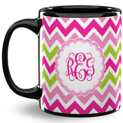 Pink & Green Chevron 11 Oz Coffee Mug - Black (Personalized)