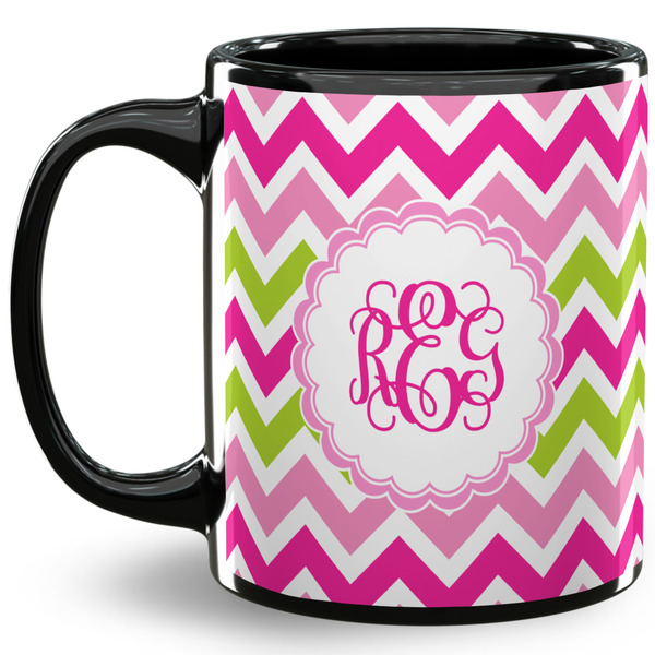 Custom Pink & Green Chevron 11 Oz Coffee Mug - Black (Personalized)