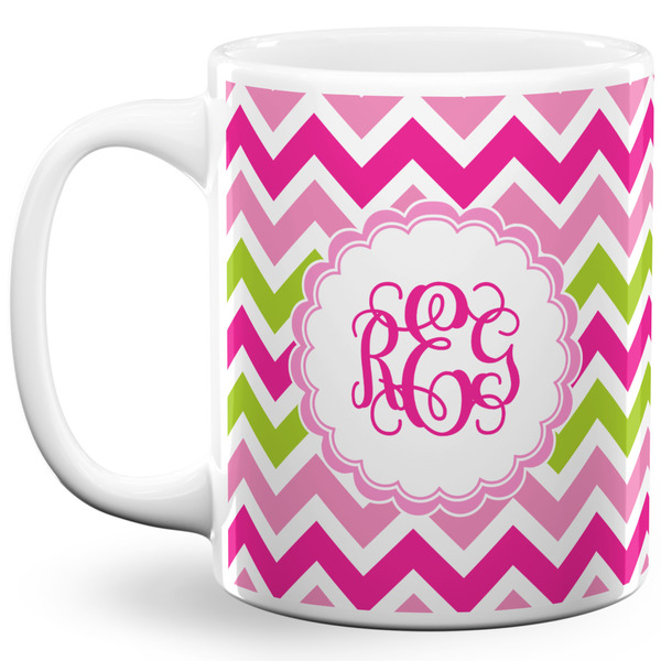 Custom Pink & Green Chevron 11 Oz Coffee Mug - White (Personalized)