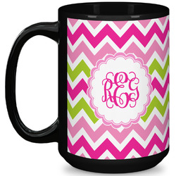 Pink & Green Chevron 15 Oz Coffee Mug - Black (Personalized)