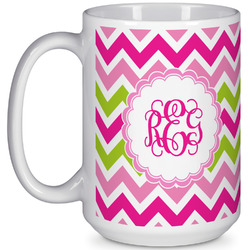 Pink & Green Chevron 15 Oz Coffee Mug - White (Personalized)