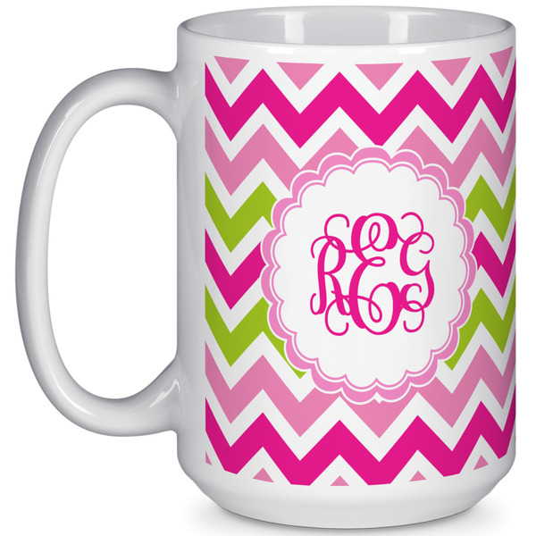 Custom Pink & Green Chevron 15 Oz Coffee Mug - White (Personalized)