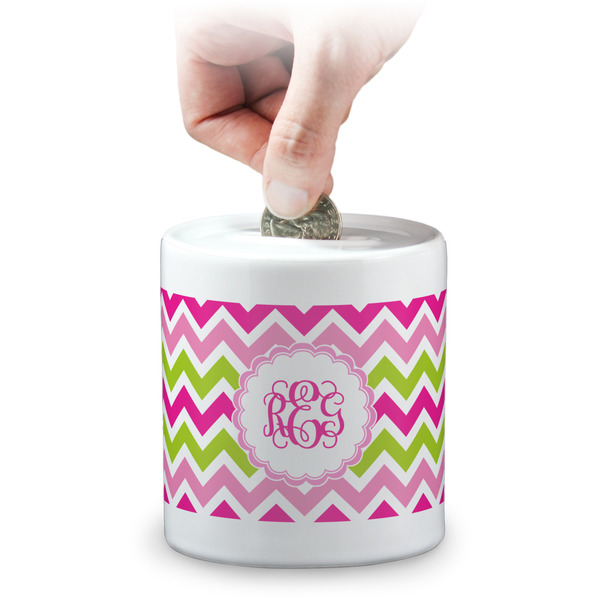 Custom Pink & Green Chevron Coin Bank (Personalized)