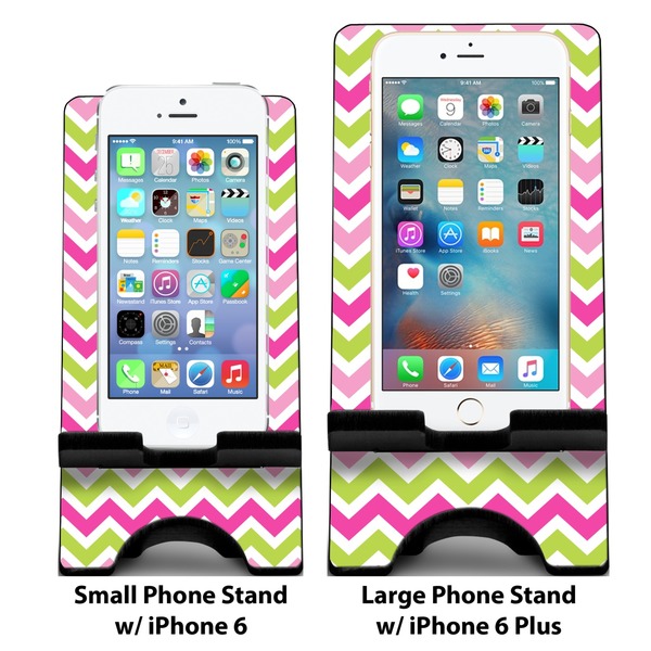 Pink & Green Chevron Compare Phone Stand Sizes - with iPhones