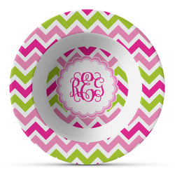 Pink & Green Chevron Plastic Bowl - Microwave Safe - Composite Polymer (Personalized)