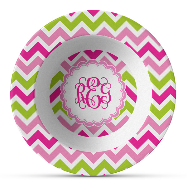 Custom Pink & Green Chevron Plastic Bowl - Microwave Safe - Composite Polymer (Personalized)