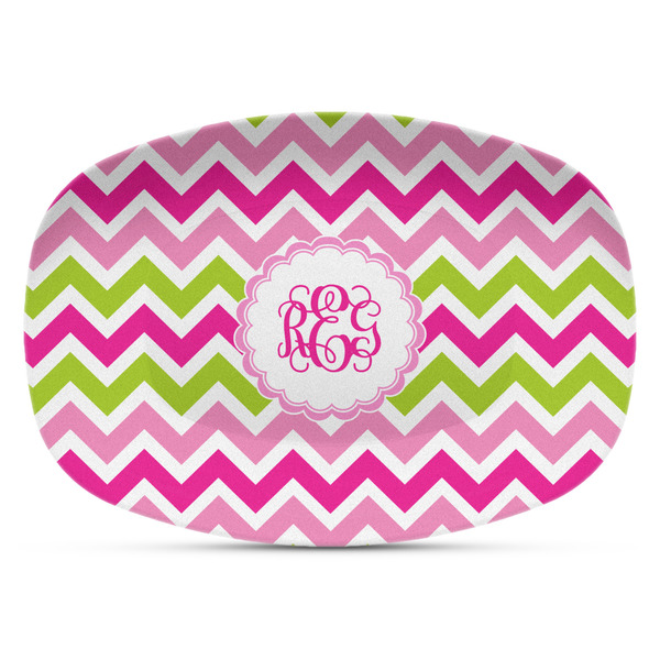 Custom Pink & Green Chevron Plastic Platter - Microwave & Oven Safe Composite Polymer (Personalized)