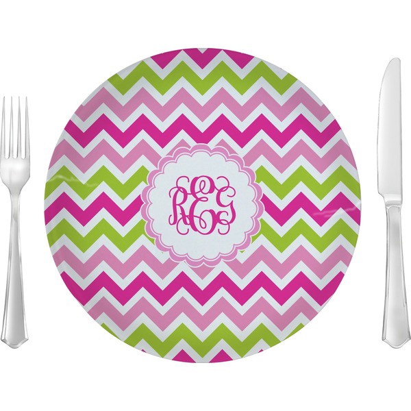 Custom Pink & Green Chevron Glass Lunch / Dinner Plate 10" (Personalized)