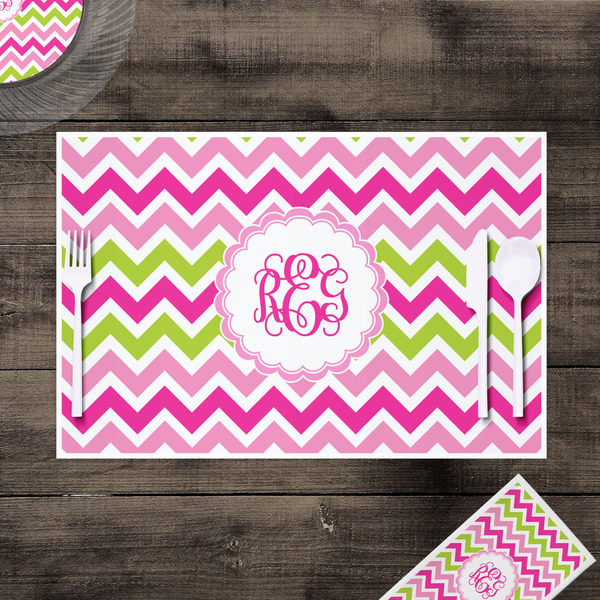 Pink & Green Chevron Disposable Paper Placemat - In Context
