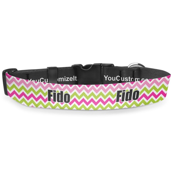 Custom Pink & Green Chevron Deluxe Dog Collar - Small (8.5" to 12.5") (Personalized)