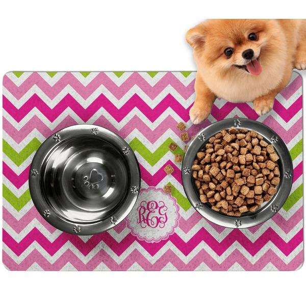 Custom Pink & Green Chevron Dog Food Mat - Small w/ Monogram