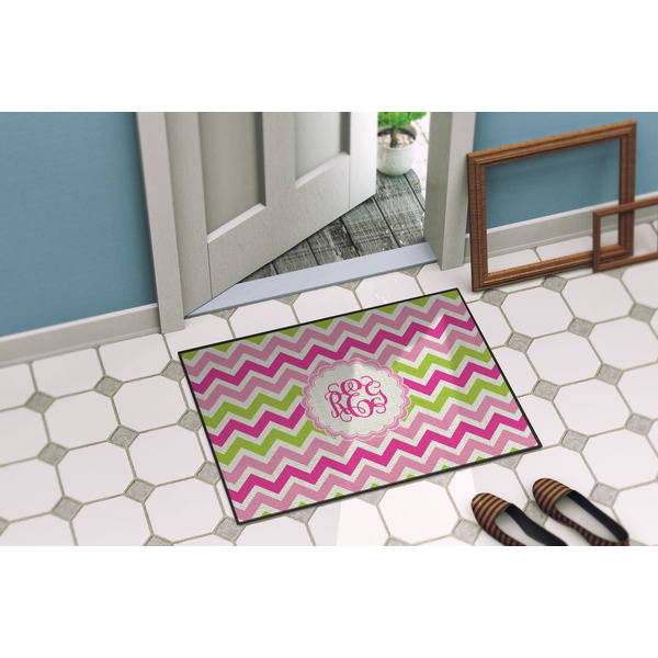 Pink & Green Chevron Door Mat Lifestyle