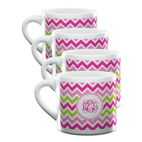 Custom Pink & Green Chevron Double Shot Espresso Cups - Set of 4 (Personalized)