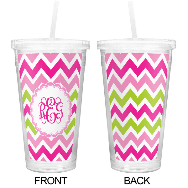 Pink & Green Chevron Double Wall Tumbler with Straw - Approval