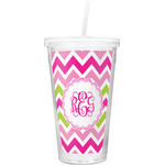 Pink & Green Chevron Double Wall Tumbler with Straw (Personalized)