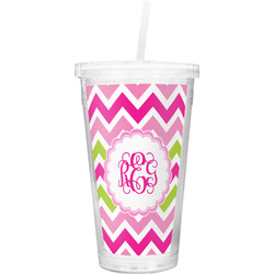Pink & Green Chevron Double Wall Tumbler with Straw (Personalized)