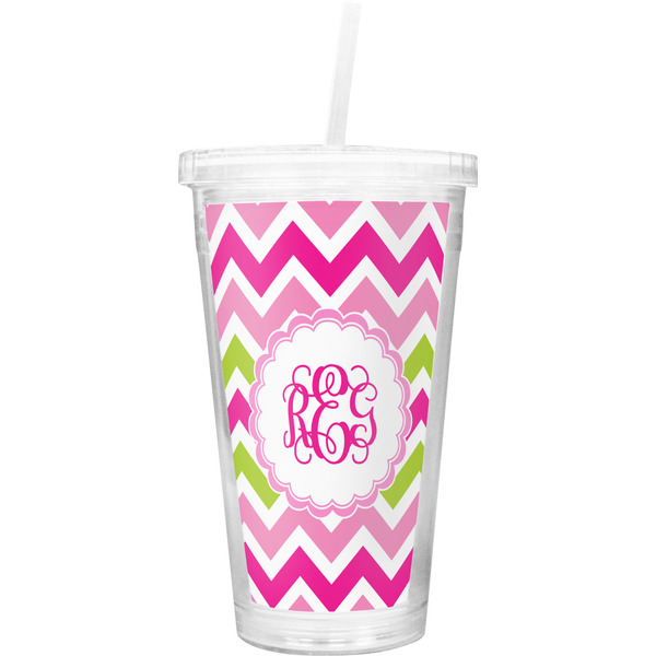 Custom Pink & Green Chevron Double Wall Tumbler with Straw (Personalized)