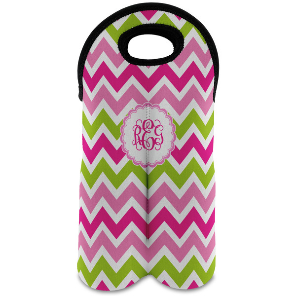 Custom Pink & Green Chevron Wine Tote Bag (2 Bottles) (Personalized)