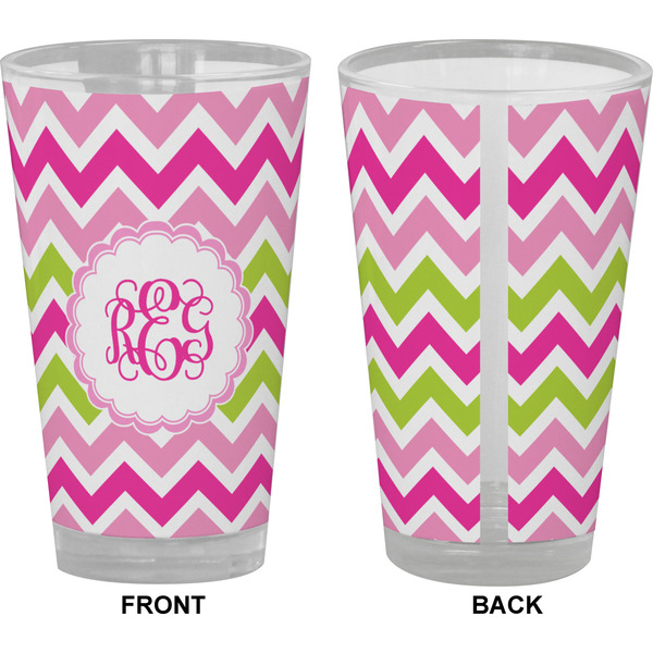 Pink & Green Chevron Pint Glass - Full Color - Front & Back Views