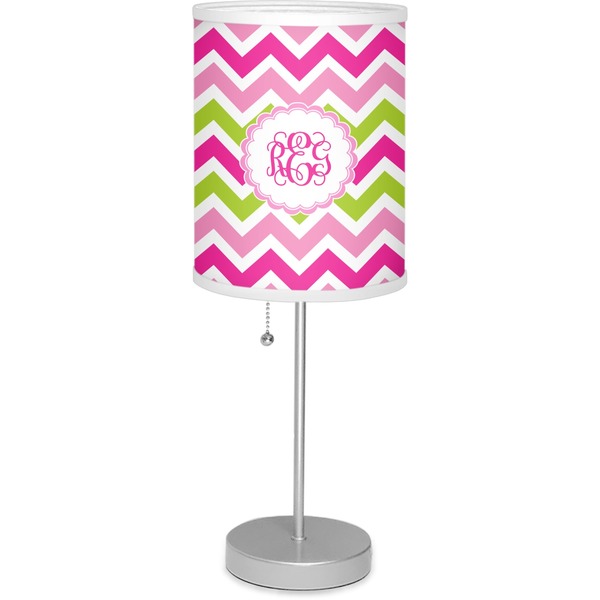 Custom Pink & Green Chevron 7" Drum Lamp with Shade Linen (Personalized)