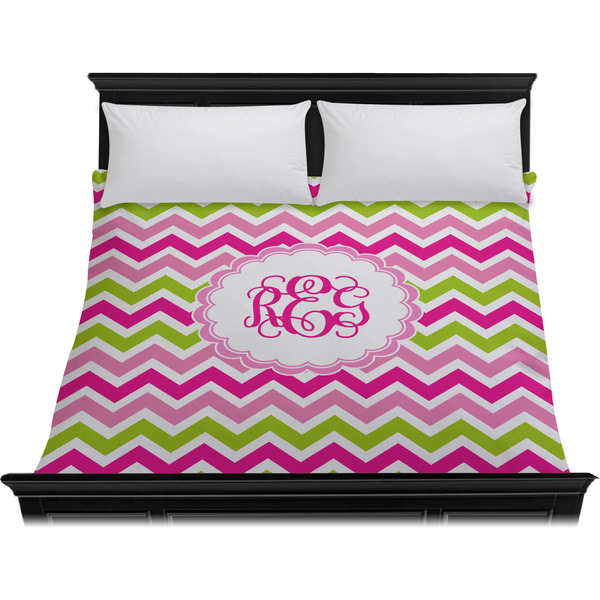 Pink & Green Chevron Duvet Cover - King - On Bed - No Prop