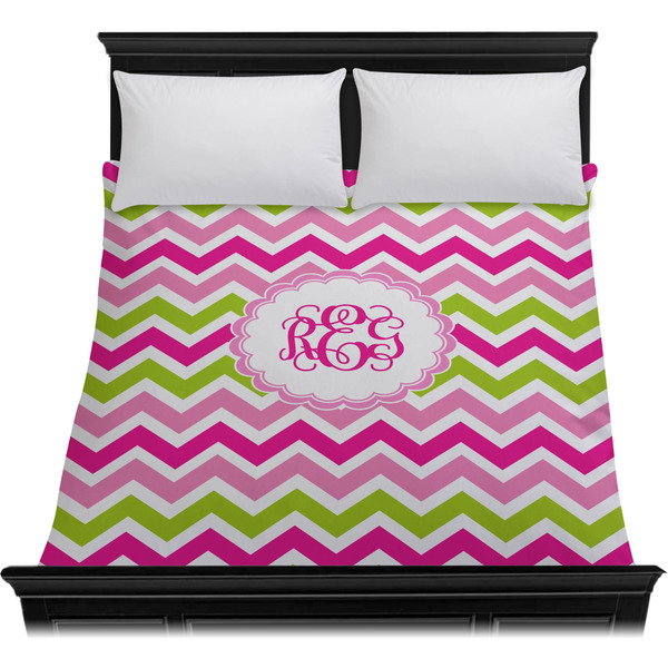 Pink & Green Chevron Duvet Cover - Queen - On Bed - No Prop
