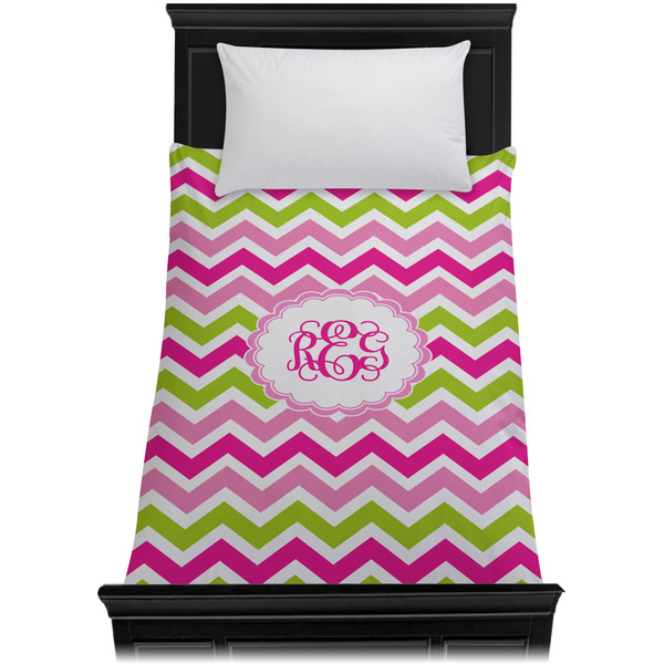 Pink & Green Chevron Duvet Cover - Twin - On Bed - No Prop