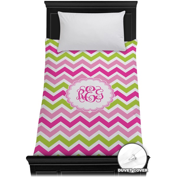 Custom Pink & Green Chevron Duvet Cover - Twin (Personalized)