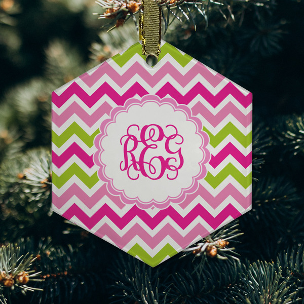 Pink & Green Chevron Frosted Glass Ornament - Hexagon (Lifestyle)