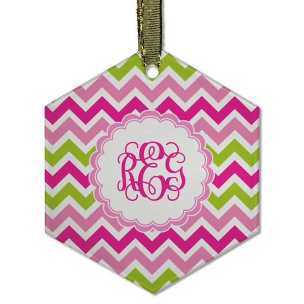 Custom Pink & Green Chevron Flat Glass Ornament - Hexagon w/ Monogram