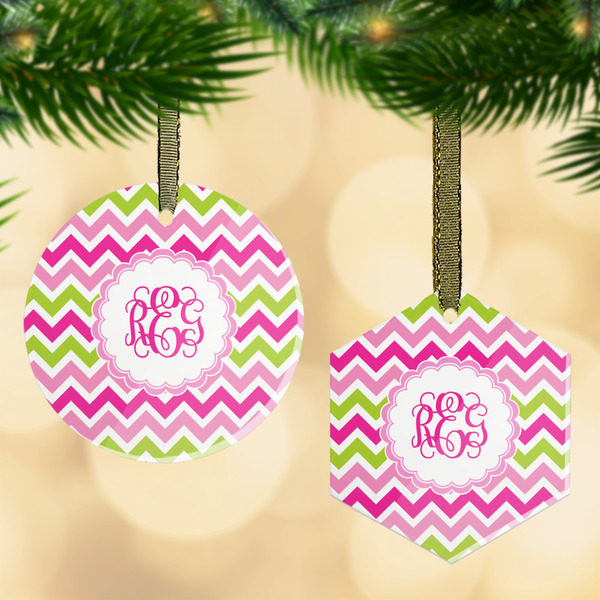Custom Pink & Green Chevron Flat Glass Ornament w/ Monogram