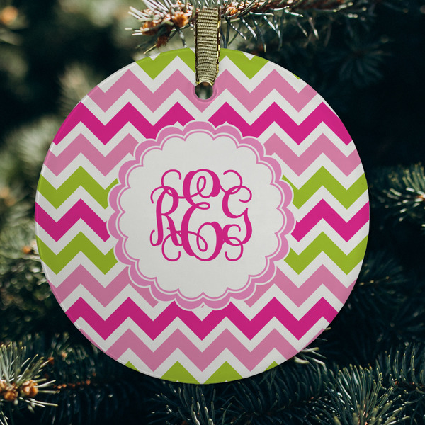 Pink & Green Chevron Frosted Glass Ornament - Round (Lifestyle)
