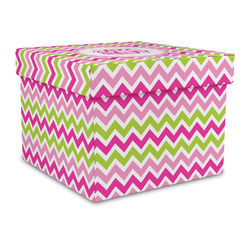 Pink & Green Chevron Gift Box with Lid - Canvas Wrapped - Large (Personalized)