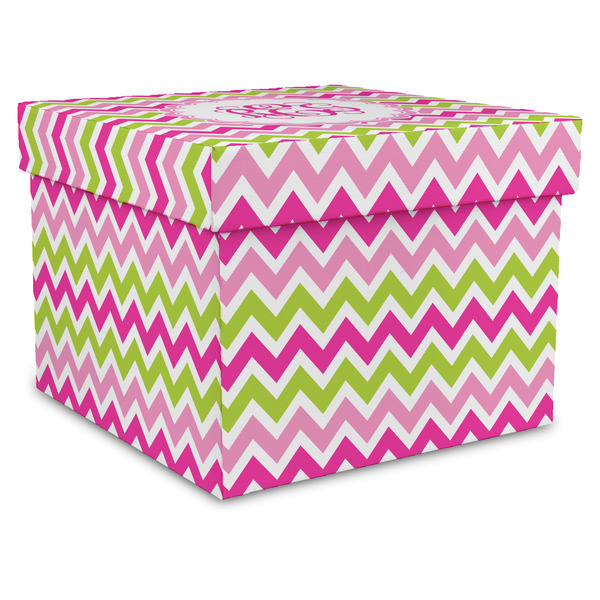 Custom Pink & Green Chevron Gift Box with Lid - Canvas Wrapped - XX-Large (Personalized)