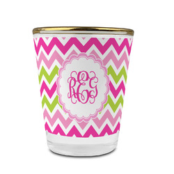 Pink & Green Chevron Glass Shot Glass - 1.5 oz - with Gold Rim - Set of 4 (Personalized)
