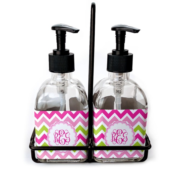 Custom Pink & Green Chevron Glass Soap & Lotion Bottle Set (Personalized)