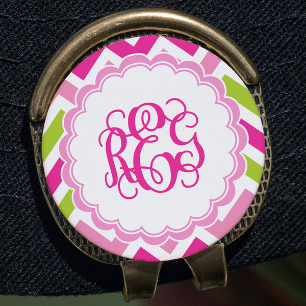 Pink & Green Chevron Golf Ball Marker Hat Clip - Gold - Close Up