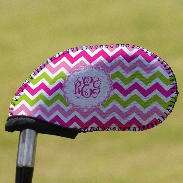 Custom Pink & Green Chevron Golf Club Iron Cover (Personalized)