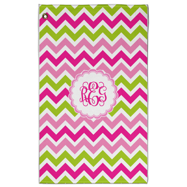 Custom Pink & Green Chevron Golf Towel - Poly-Cotton Blend - Large w/ Monograms