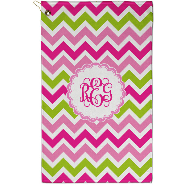 Custom Pink & Green Chevron Golf Towel - Poly-Cotton Blend - Small w/ Monograms