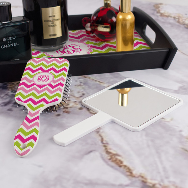 Pink & Green Chevron Hair Brush - With Hand Mirror