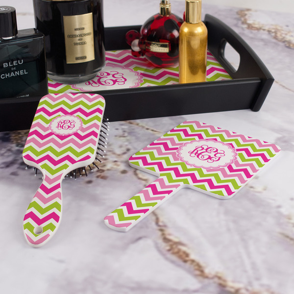 Pink & Green Chevron Hair Brush and Hand Mirror - Bathroom Scene