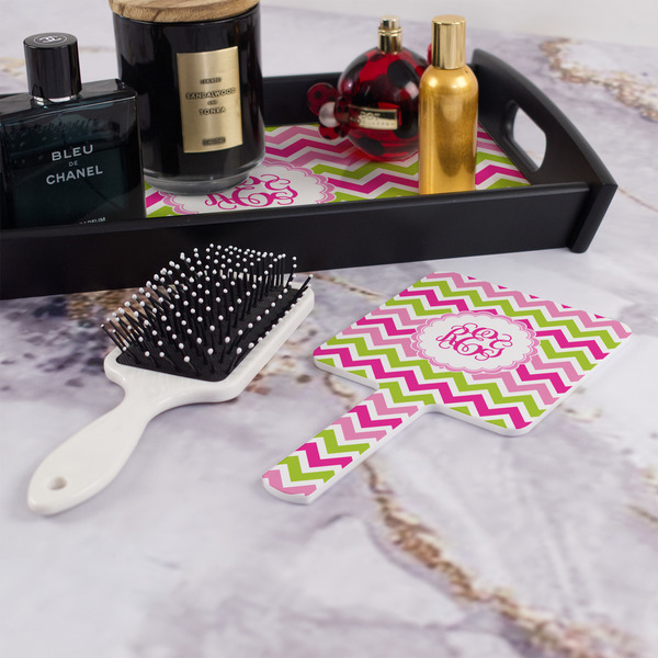 Pink & Green Chevron Hand Mirror - With Hair Brush