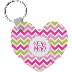 Pink & Green Chevron Heart Plastic Keychain w/ Monogram