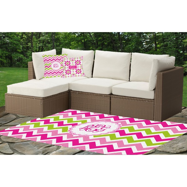 Pink & Green Chevron Outdoor Mat & Cushions