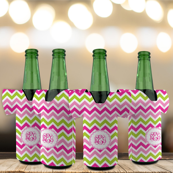 Pink & Green Chevron Jersey Bottle Cooler - Set of 4 - LIFESTYLE