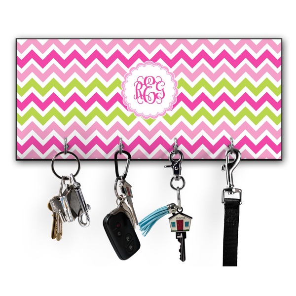 Custom Pink & Green Chevron Key Hanger w/ 4 Hooks w/ Monogram