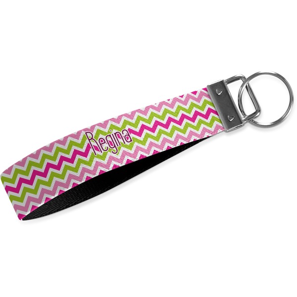 Custom Pink & Green Chevron Wristlet Webbing Keychain Fob (Personalized)