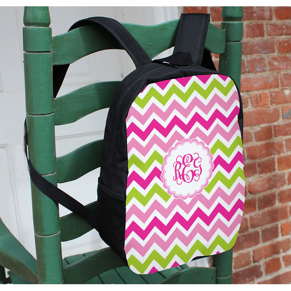 Pink & Green Chevron Kids Backpack - In Context