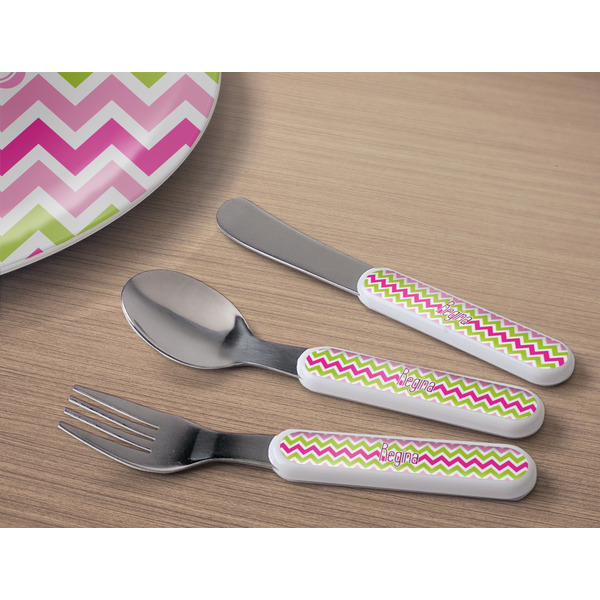 Pink & Green Chevron Kids Flatware w/ Plate